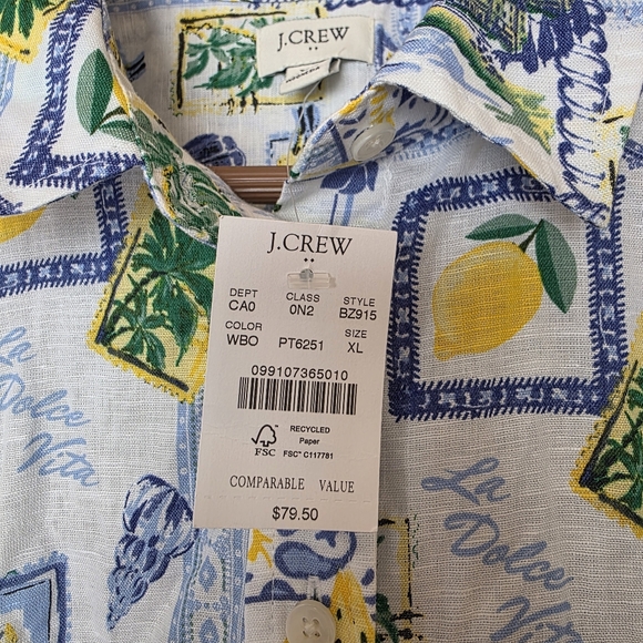 J Crew Linen Blend Coastal Patchwork Lemons Button Up Shirt XL Euro Summmer NWT - Picture 13 of 16